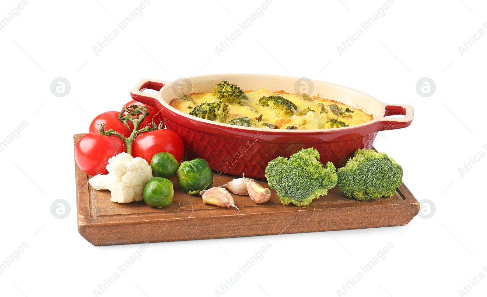 Photo of Delicious vegetable casserole and ingredients isolated on white