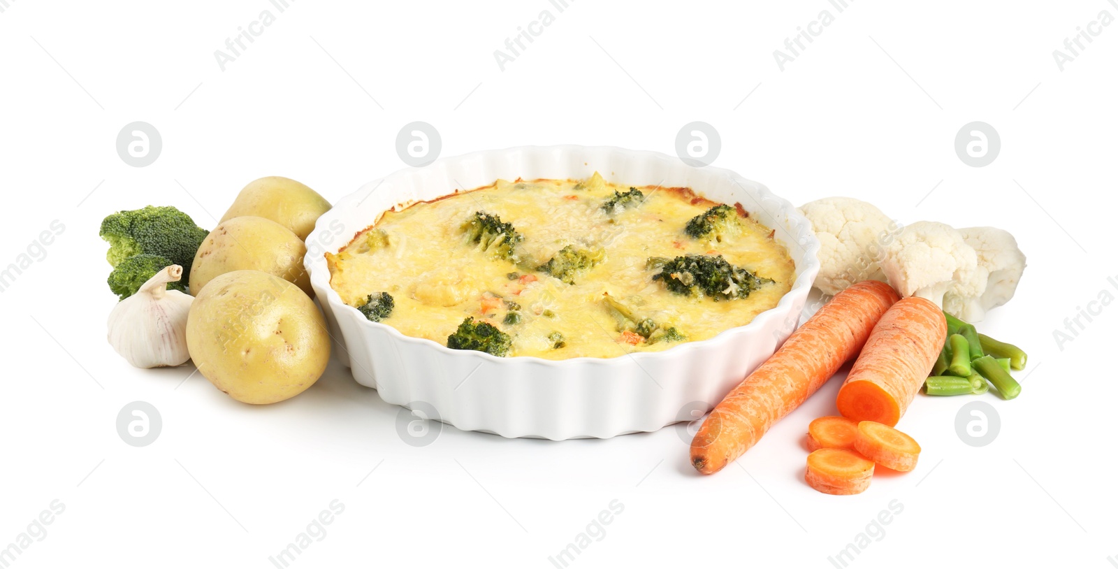 Photo of Delicious vegetable casserole and ingredients isolated on white