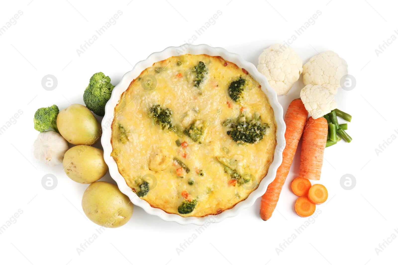 Photo of Delicious vegetable casserole and ingredients isolated on white, top view