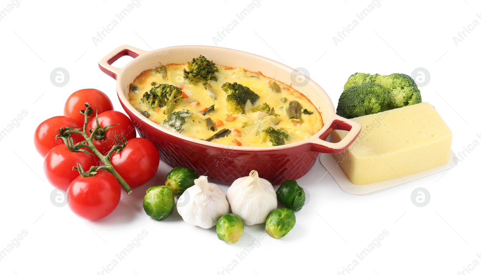 Photo of Delicious vegetable casserole and ingredients isolated on white