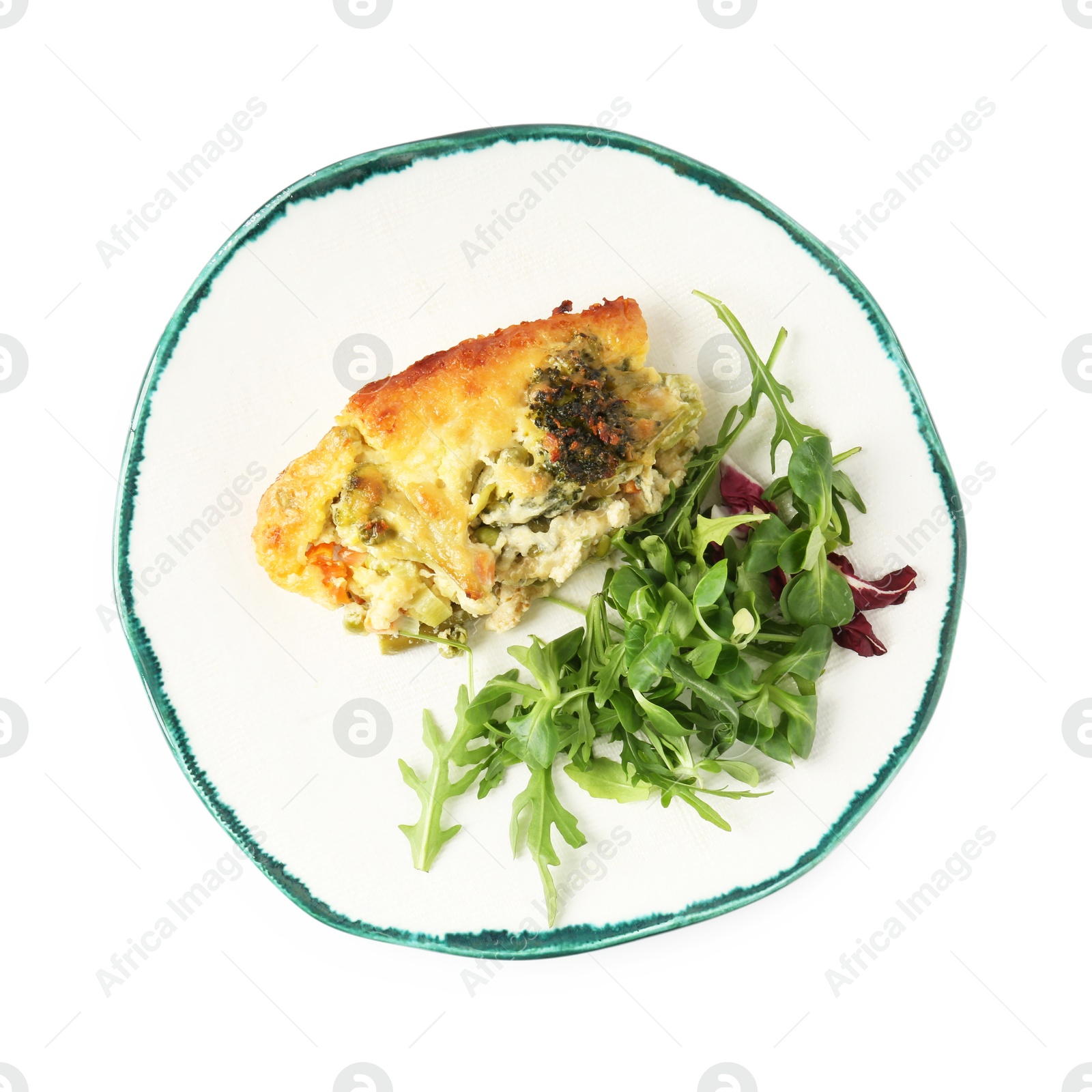 Photo of Tasty vegetable casserole and arugula isolated on white, top view