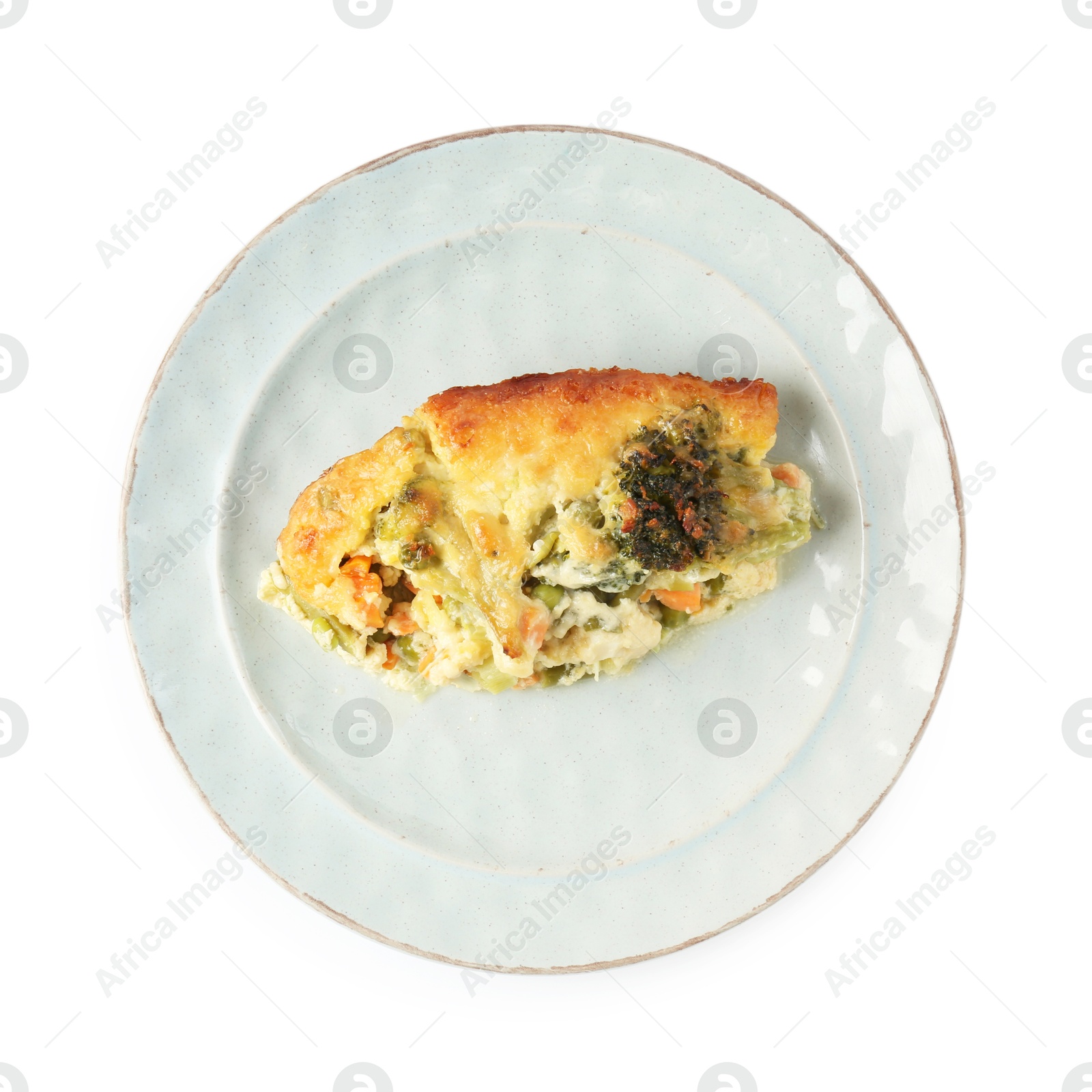 Photo of Tasty vegetable casserole isolated on white, top view