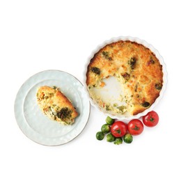 Photo of Tasty vegetable casserole, tomatoes and brussels sprouts isolated on white, top view