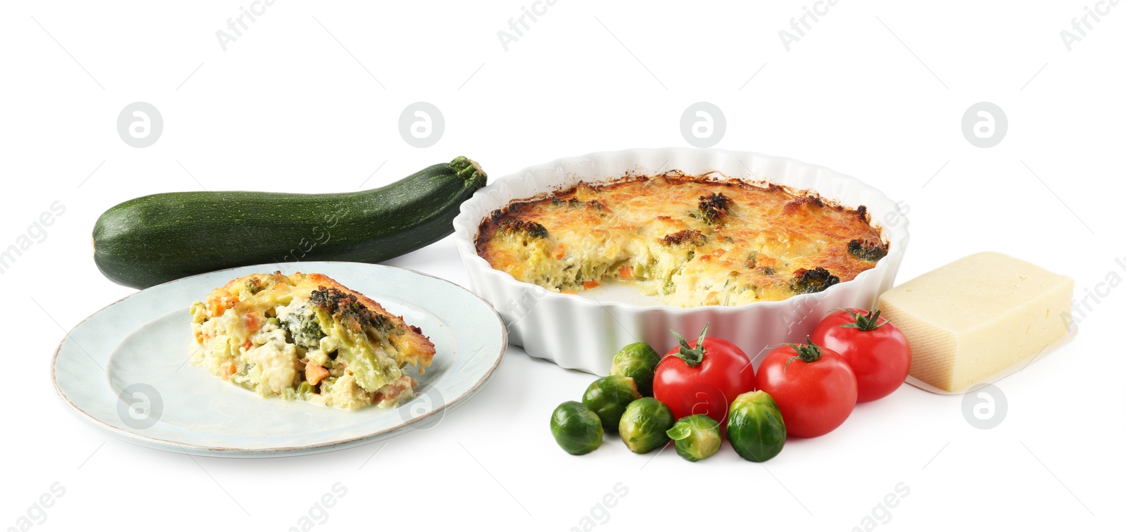 Photo of Tasty vegetable casserole and products isolated on white