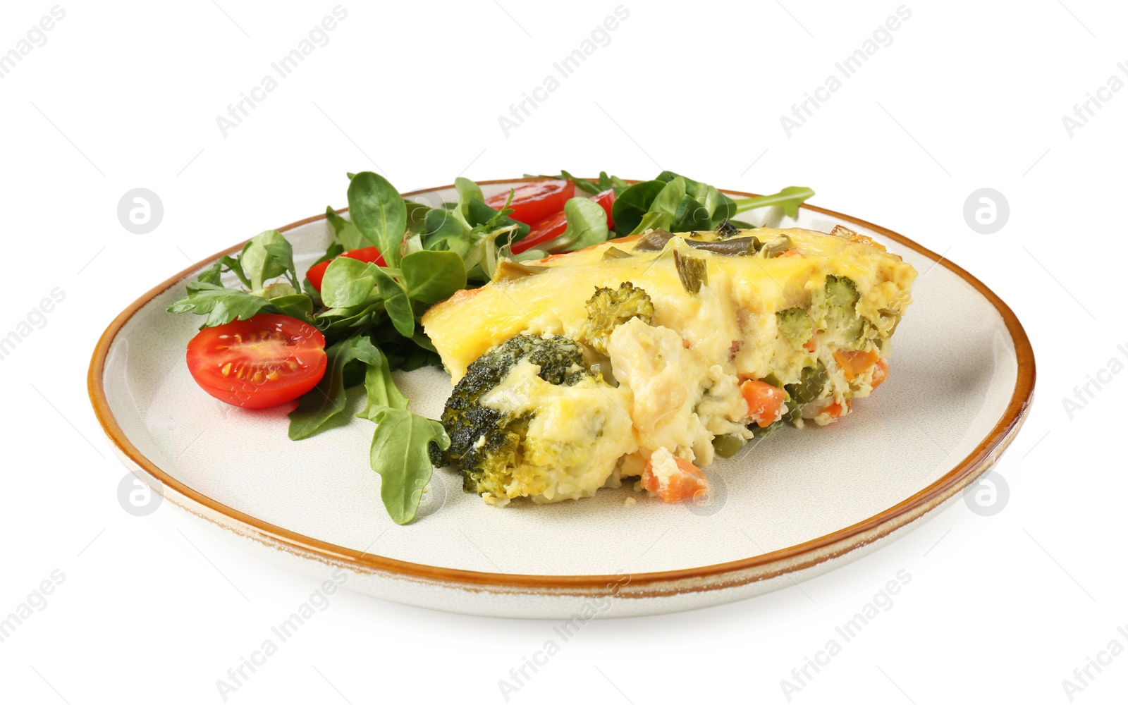 Photo of Tasty vegetable casserole and salad isolated on white