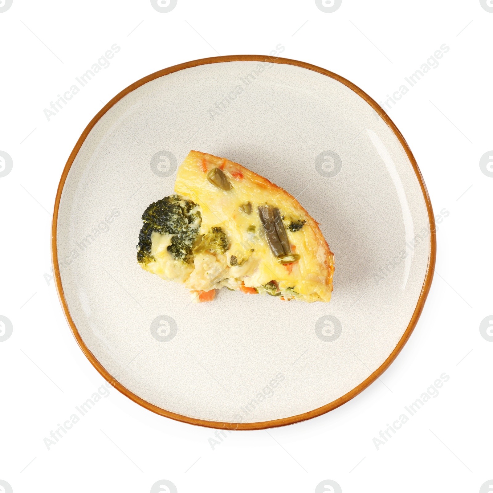 Photo of Piece of tasty vegetable casserole isolated on white, top view