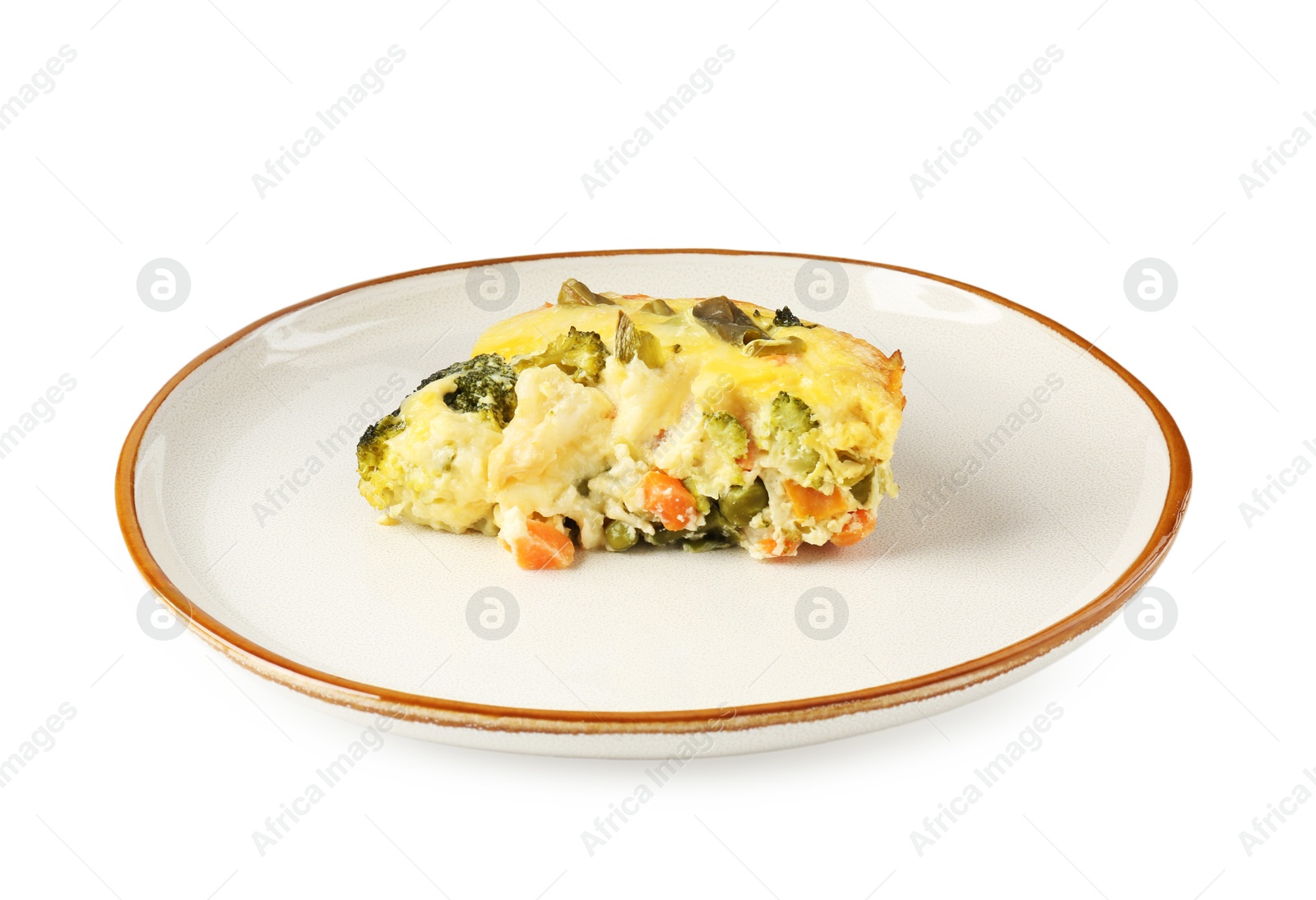 Photo of Piece of tasty vegetable casserole isolated on white