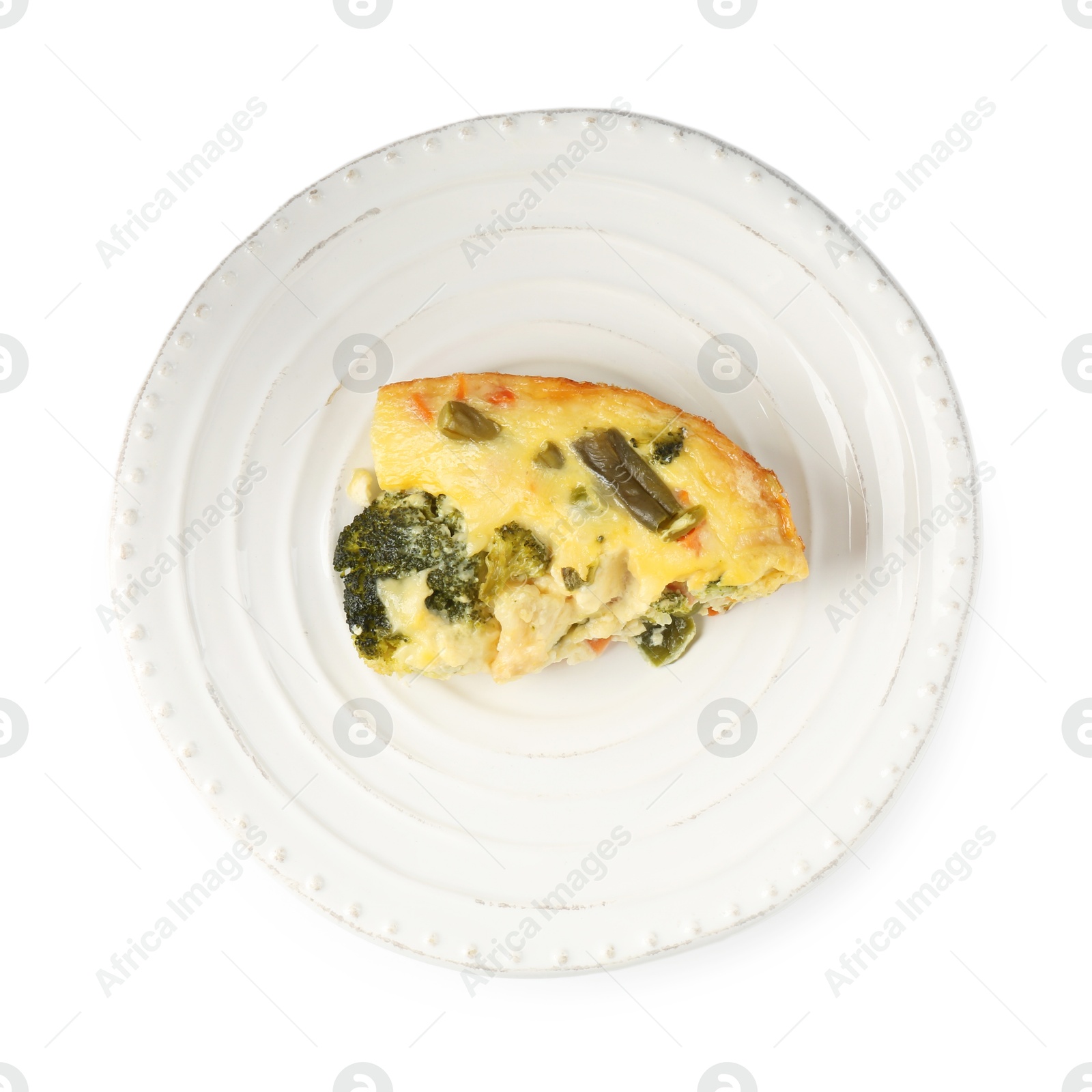 Photo of Piece of tasty vegetable casserole isolated on white, top view