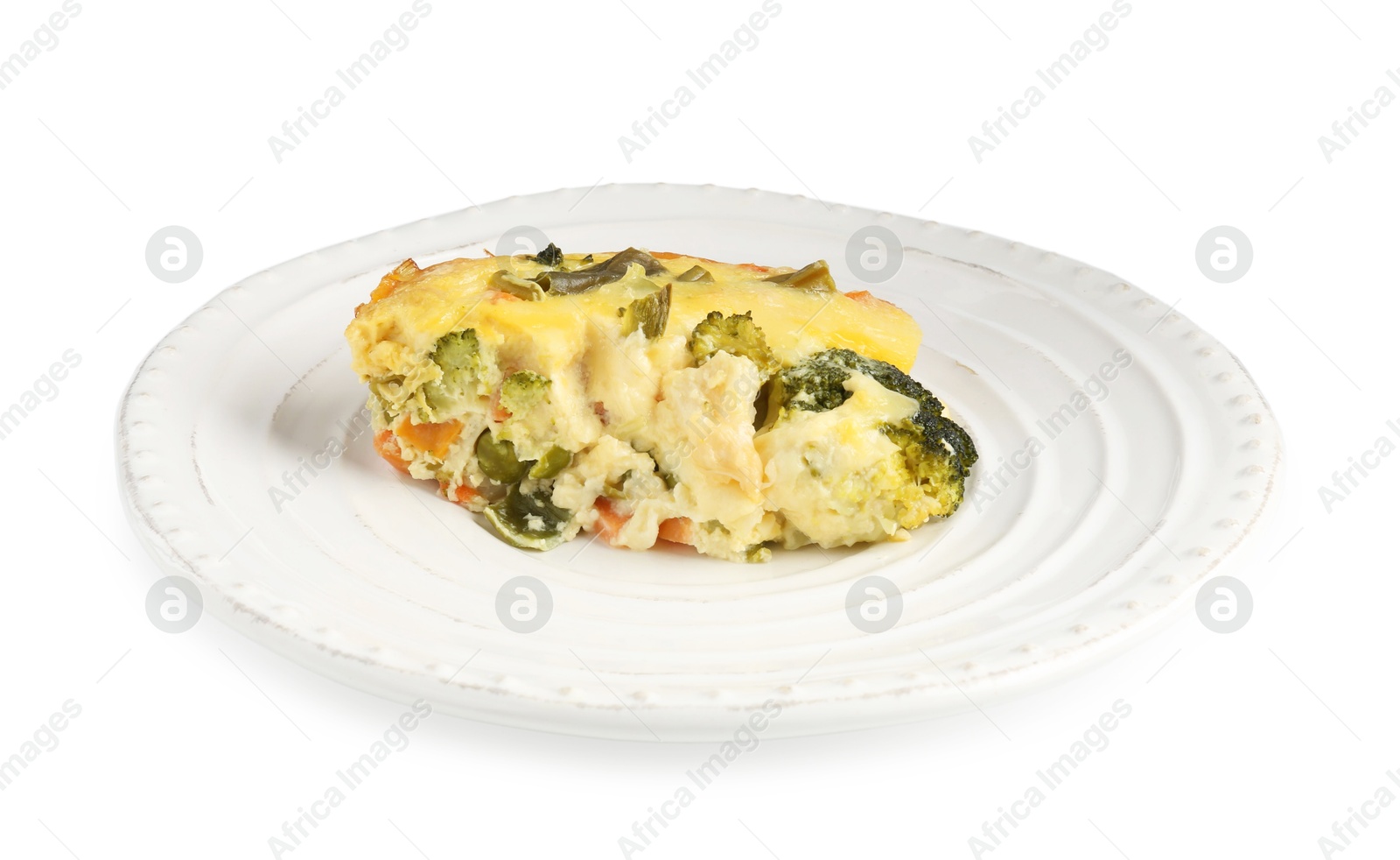 Photo of Piece of tasty vegetable casserole isolated on white