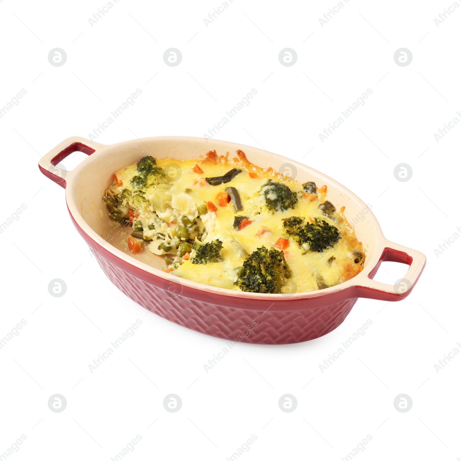 Photo of Tasty vegetable casserole in baking dish isolated on white