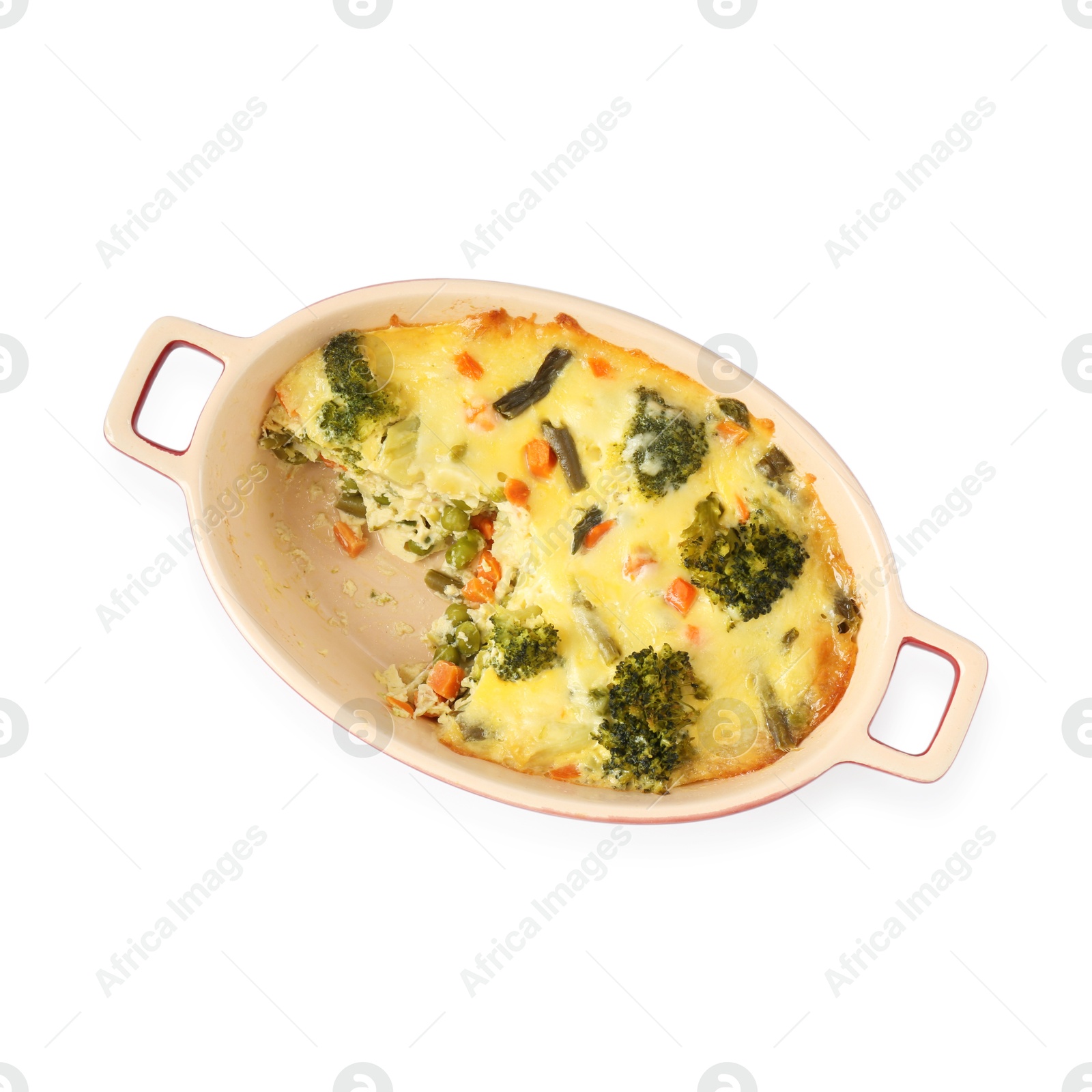 Photo of Tasty vegetable casserole in baking dish isolated on white, top view