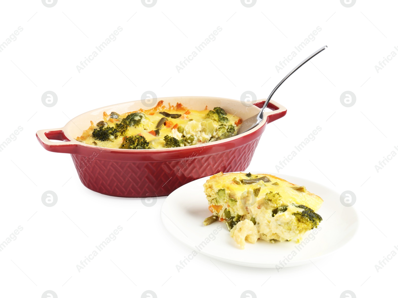 Photo of Tasty vegetable casserole with cheese isolated on white