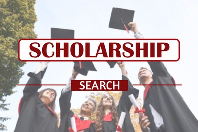 Image of Scholarship. Group of students with diplomas throwing academic hats outdoors, blurred view