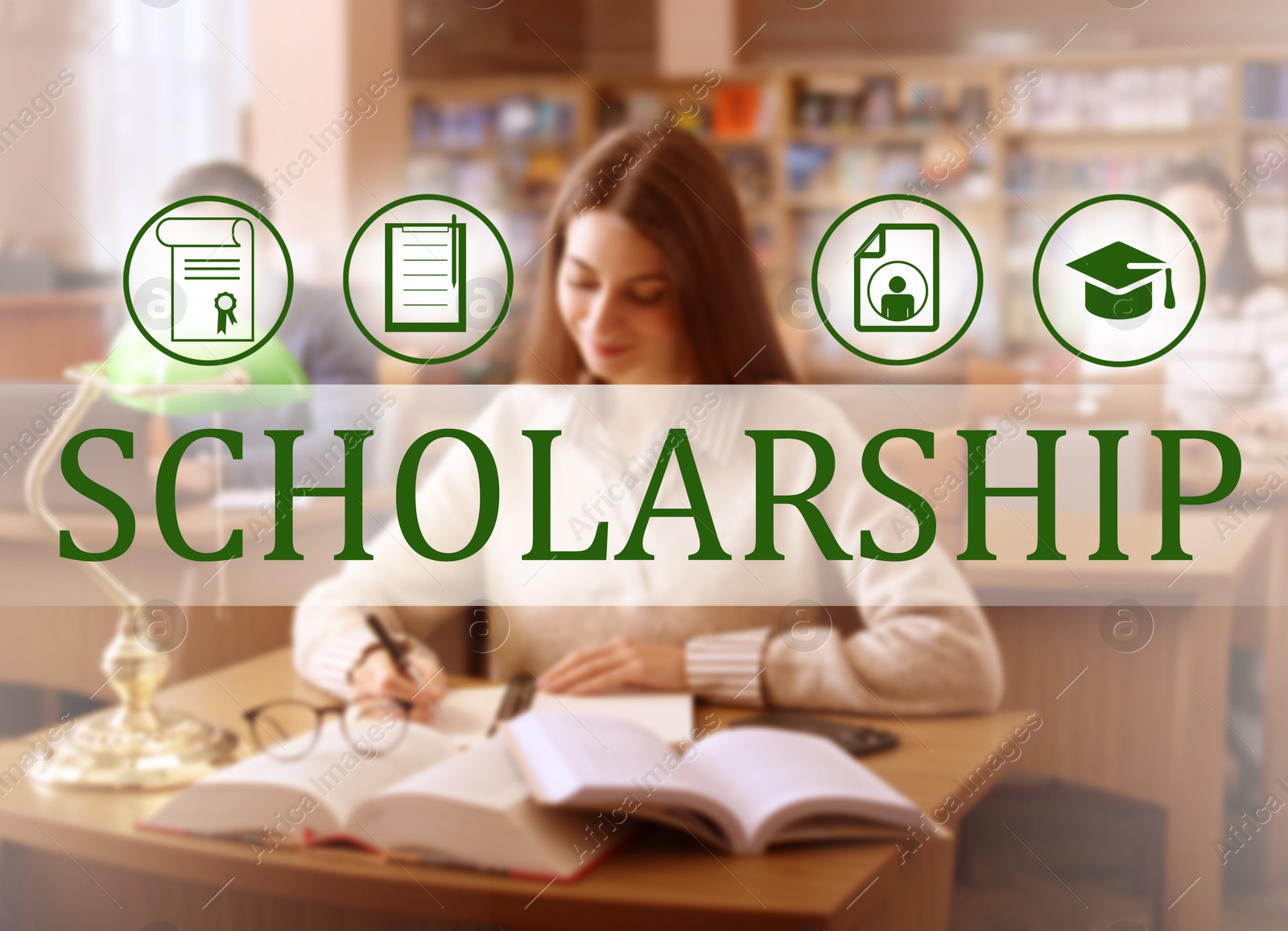 Image of Scholarship. Student reading book and taking notes at desk in public library, blurred view