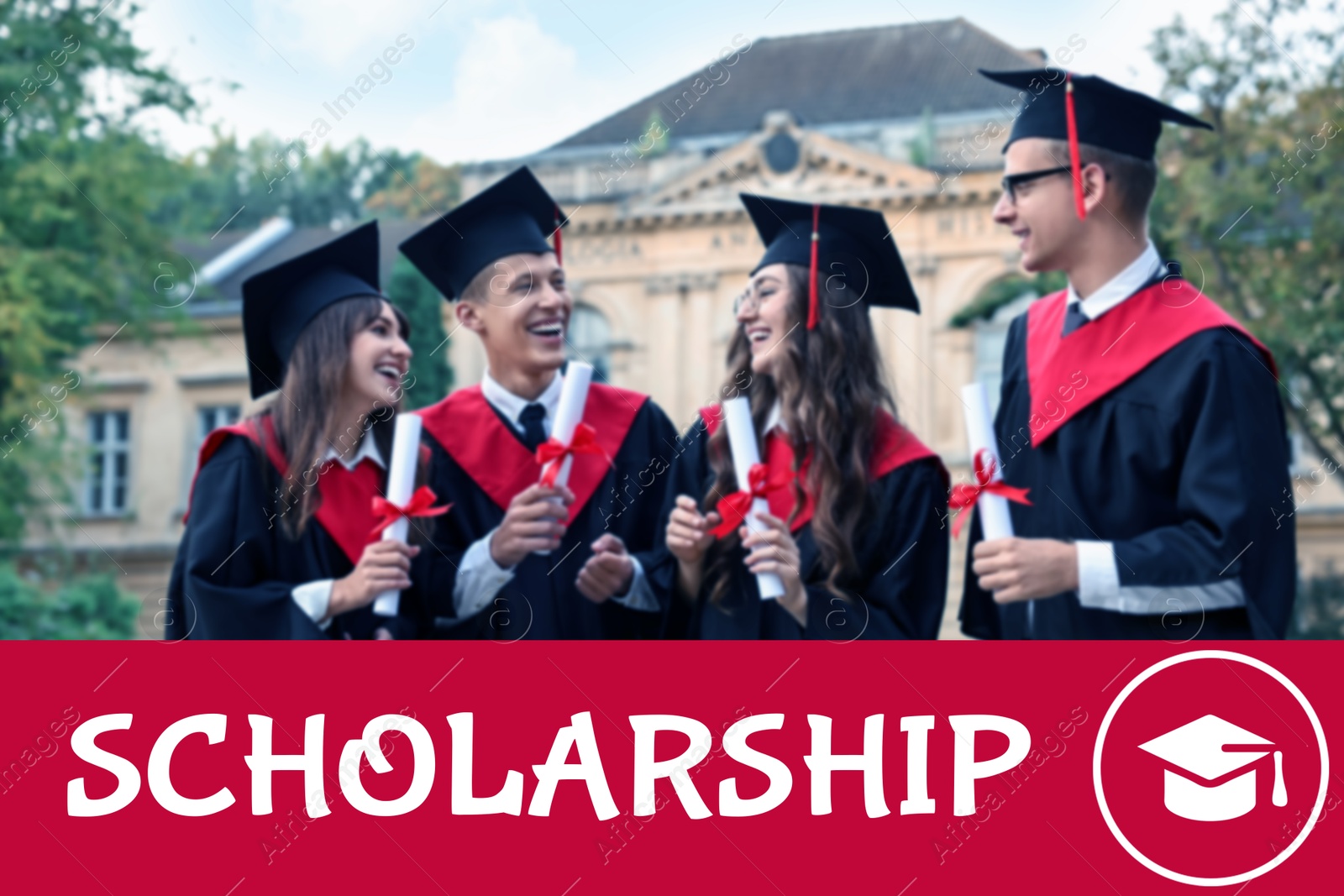 Image of Scholarship. Group of students with diplomas outdoors, blurred view