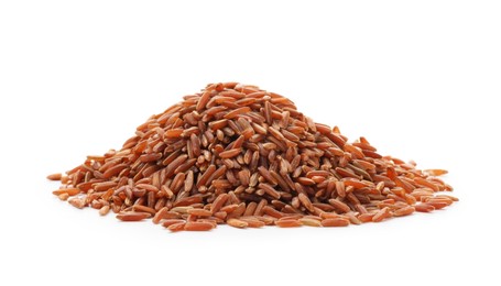 Photo of Pile of raw brown rice isolated on white