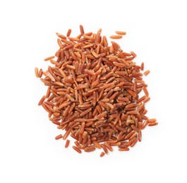 Photo of Pile of raw brown rice isolated on white, top view