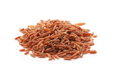 Photo of Pile of raw brown rice isolated on white