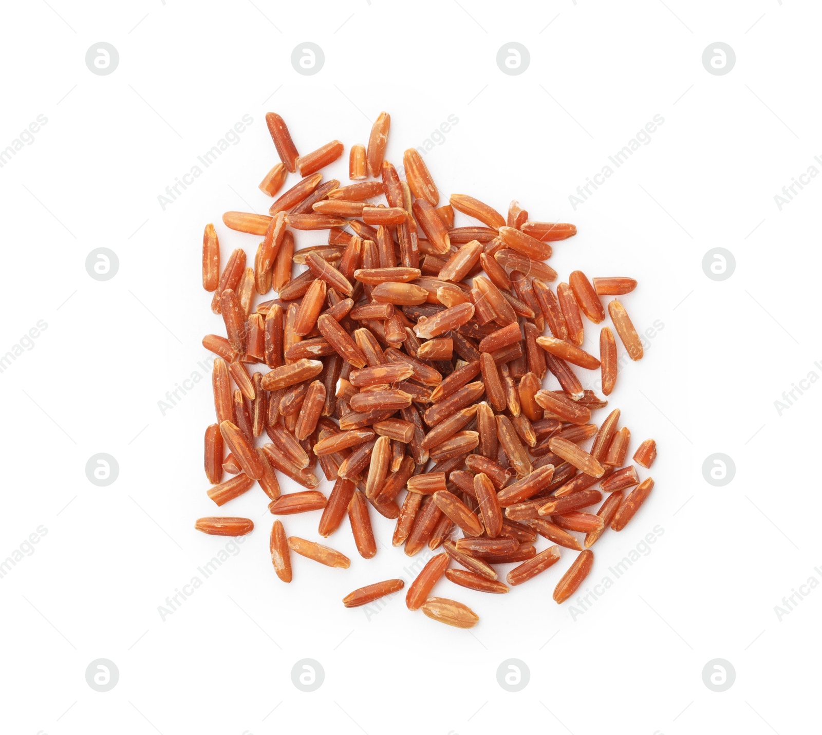 Photo of Pile of raw brown rice isolated on white, top view