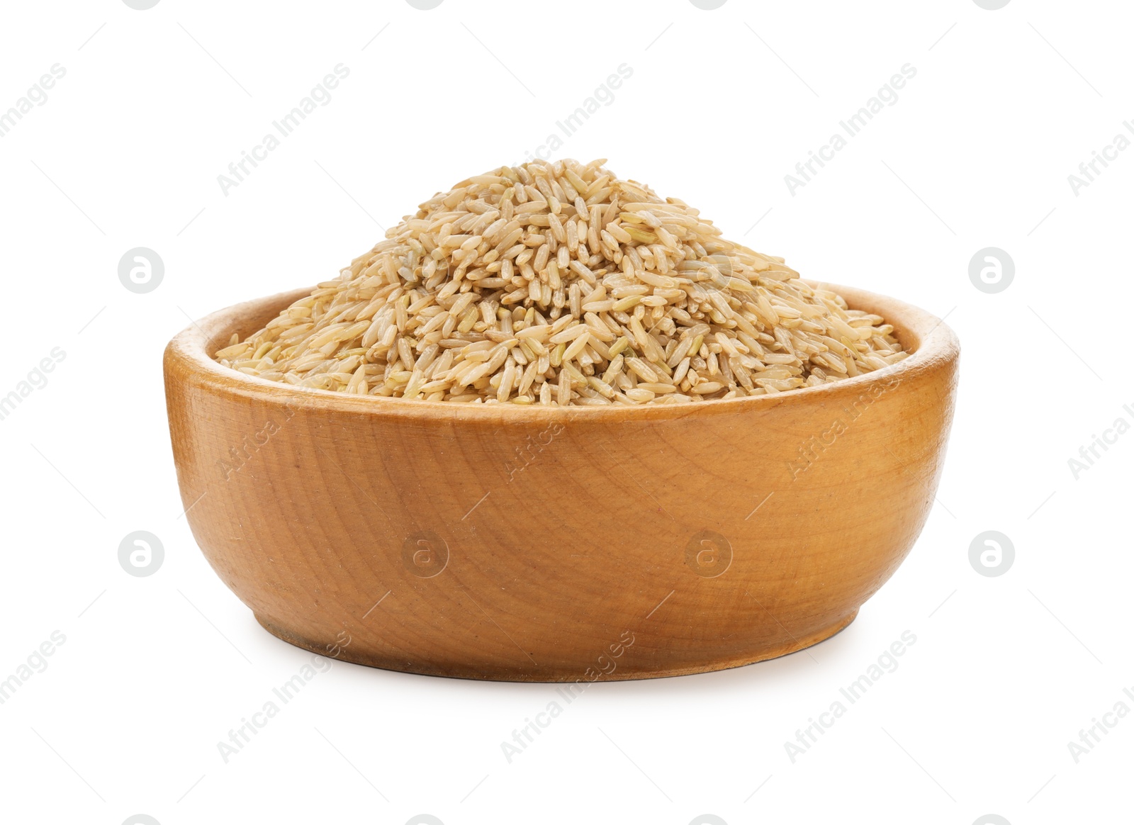 Photo of Raw brown rice in bowl isolated on white