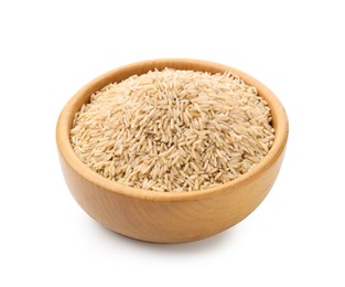 Photo of Raw brown rice in bowl isolated on white