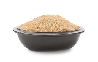 Photo of Raw brown rice in bowl isolated on white