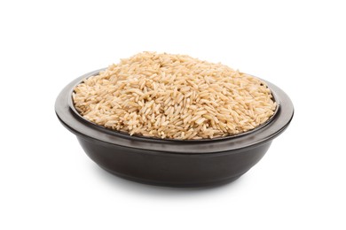 Photo of Raw brown rice in bowl isolated on white