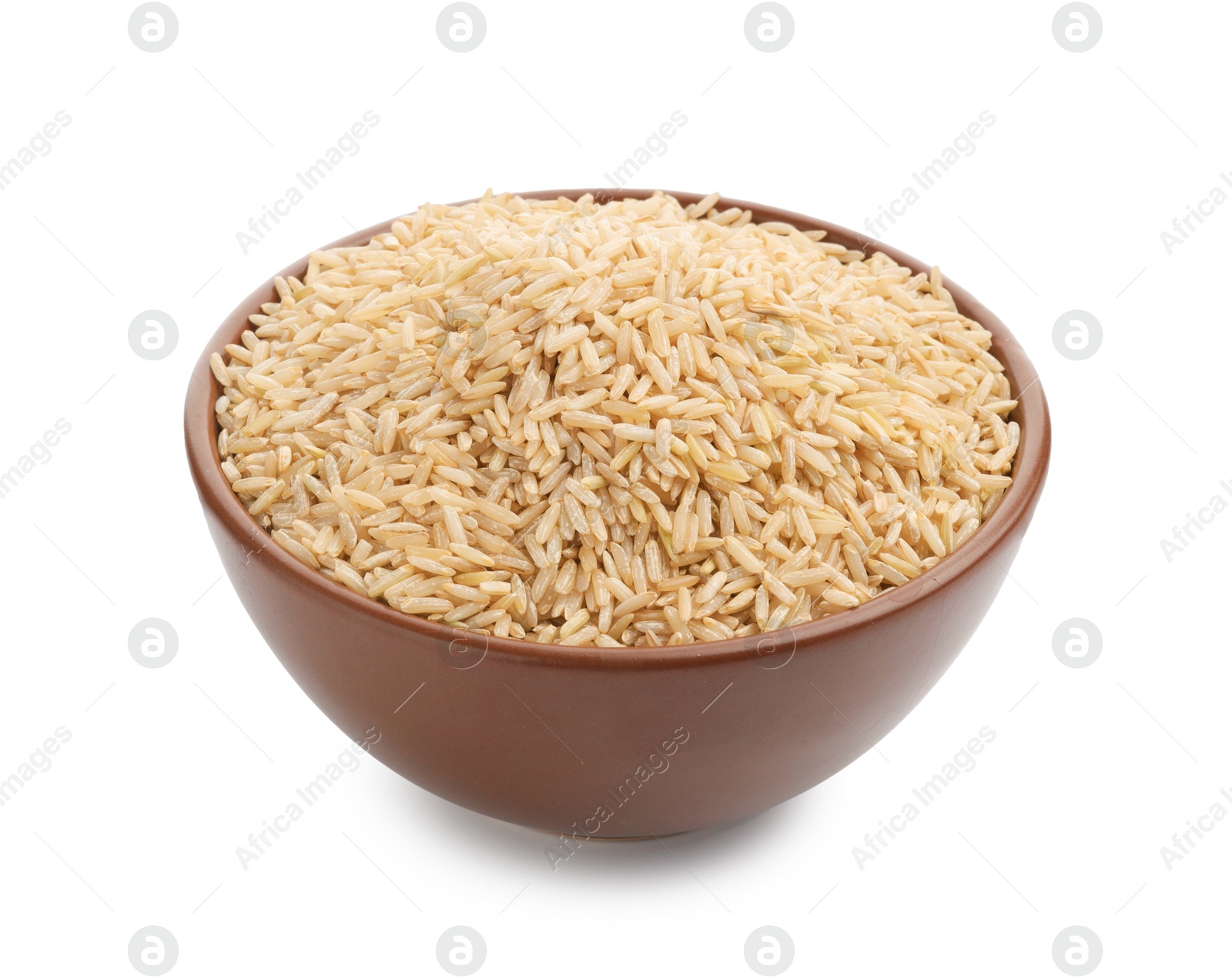 Photo of Raw brown rice in bowl isolated on white