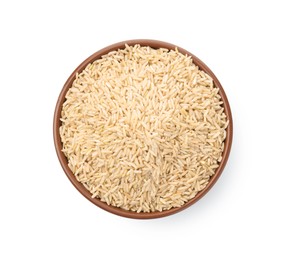 Photo of Raw brown rice in bowl isolated on white, top view