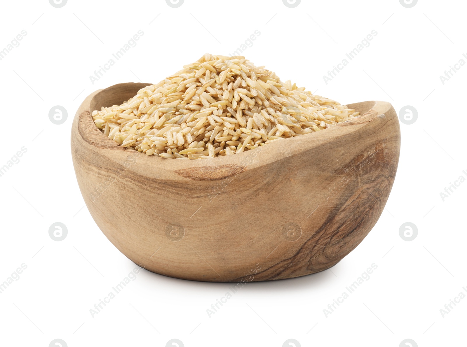 Photo of Raw brown rice in bowl isolated on white