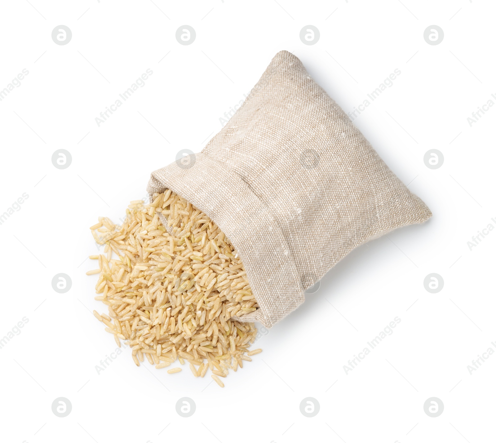 Photo of Raw brown rice in sack isolated on white, top view