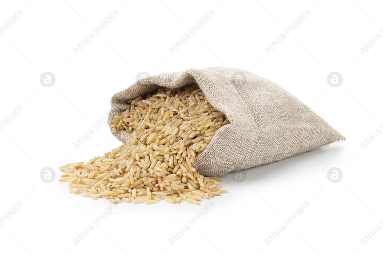 Photo of Raw brown rice in sack isolated on white