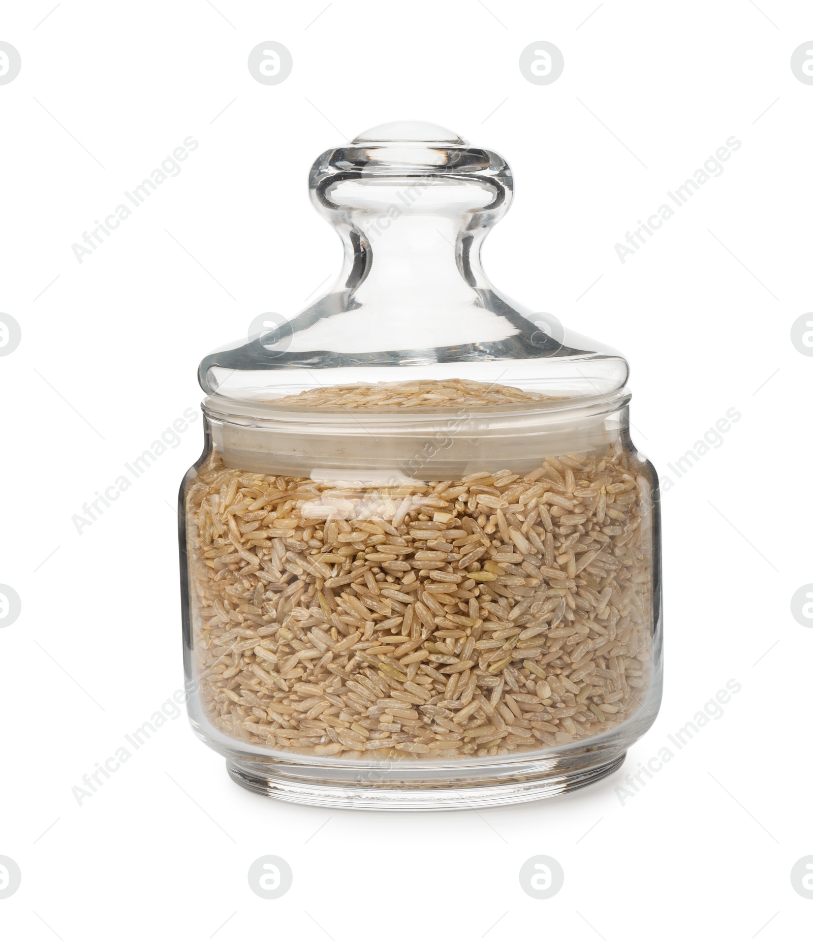 Photo of Raw brown rice in jar isolated on white