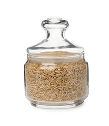 Photo of Raw brown rice in jar isolated on white