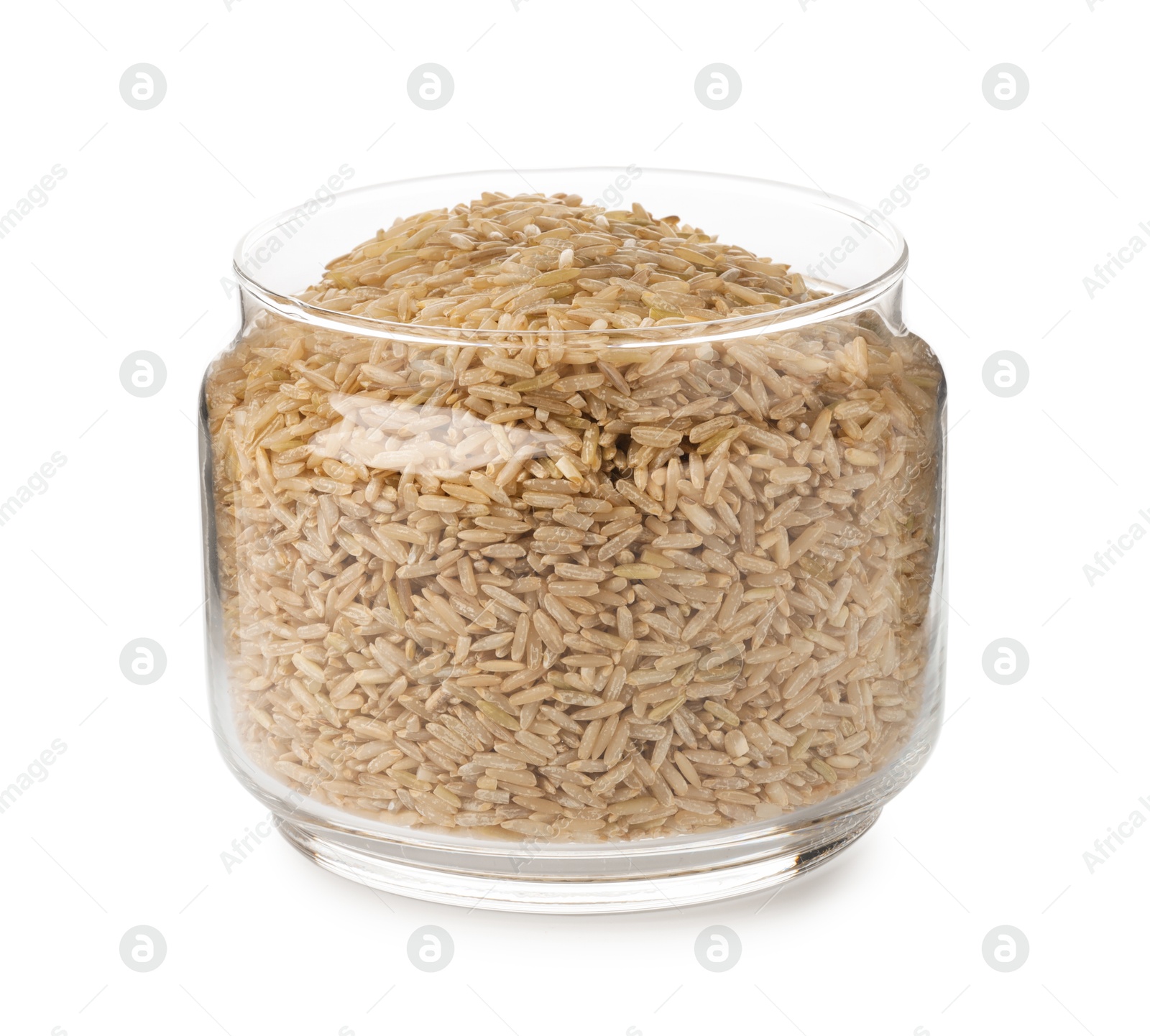 Photo of Raw brown rice in open jar isolated on white