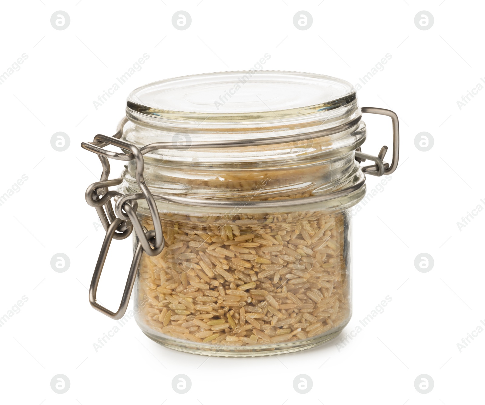 Photo of Raw brown rice in jar isolated on white