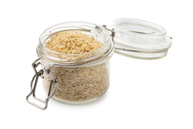 Photo of Raw brown rice in open jar isolated on white