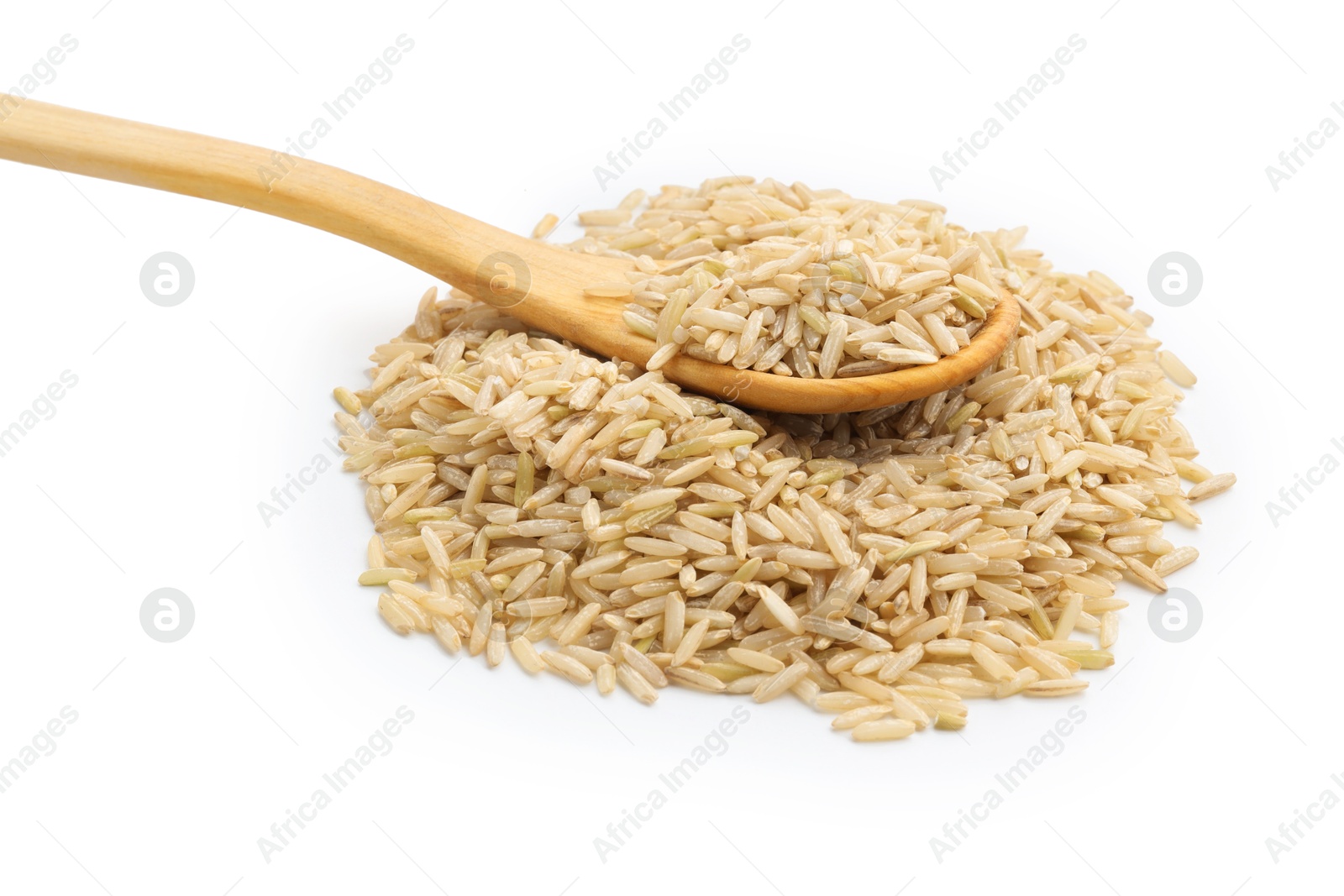 Photo of Raw brown rice and spoon isolated on white