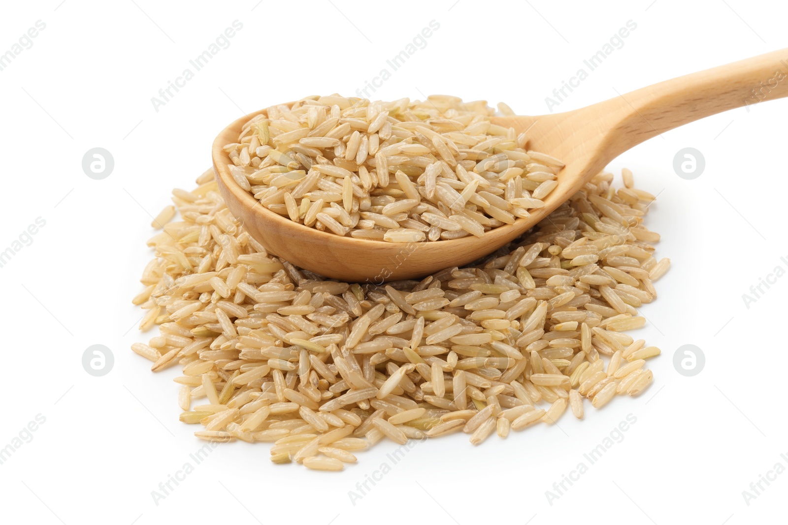 Photo of Raw brown rice and spoon isolated on white