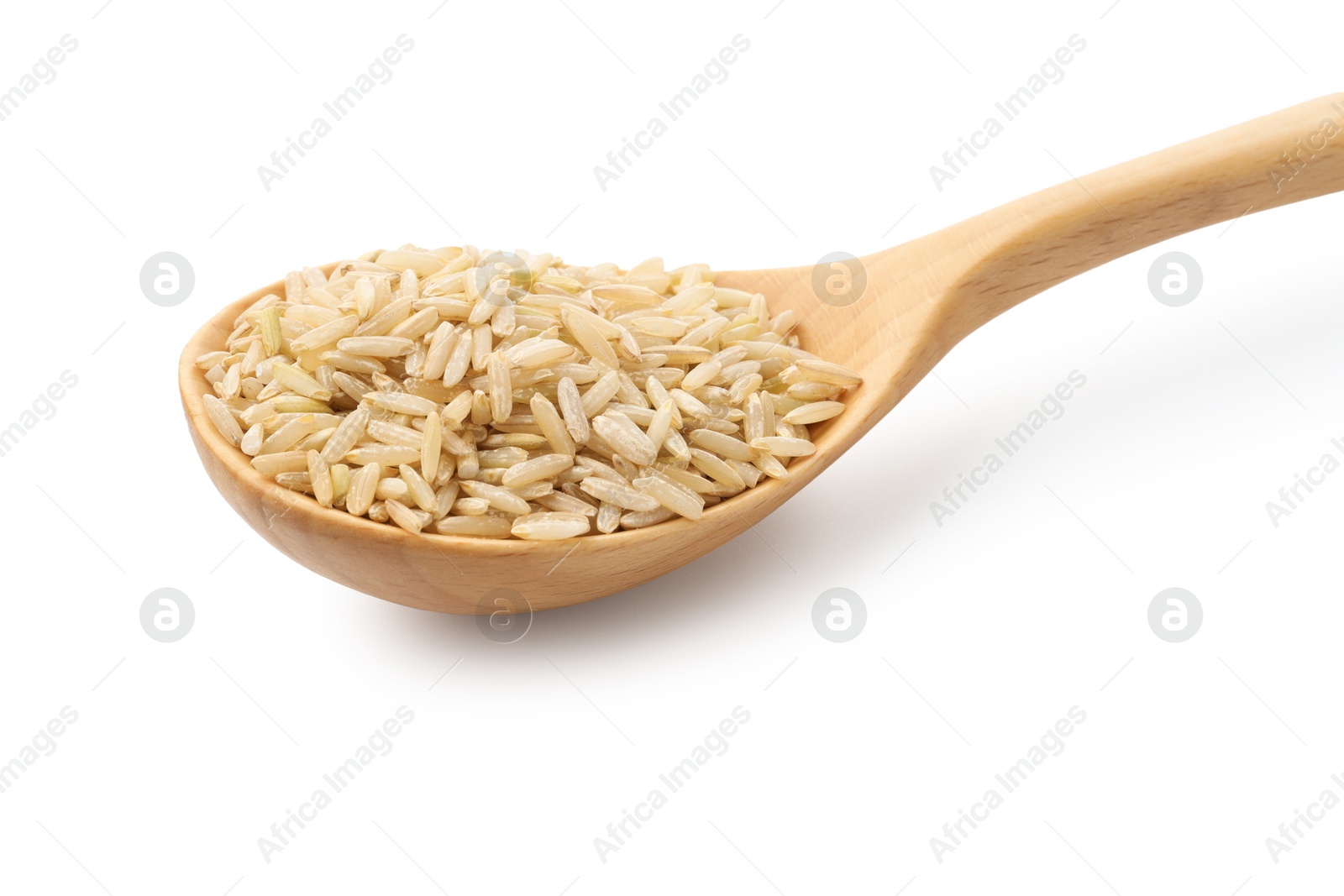 Photo of Raw brown rice and spoon isolated on white