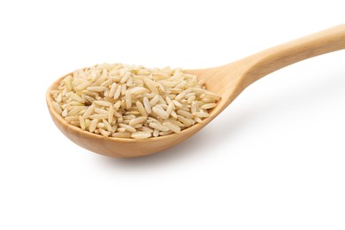 Photo of Raw brown rice and spoon isolated on white