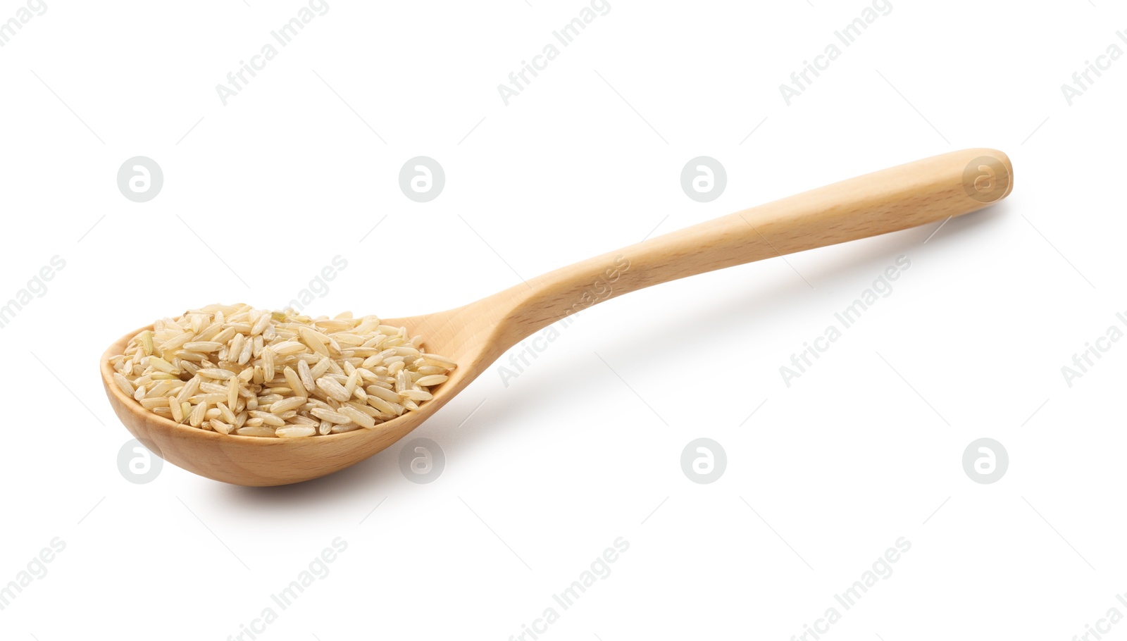 Photo of Raw brown rice and spoon isolated on white