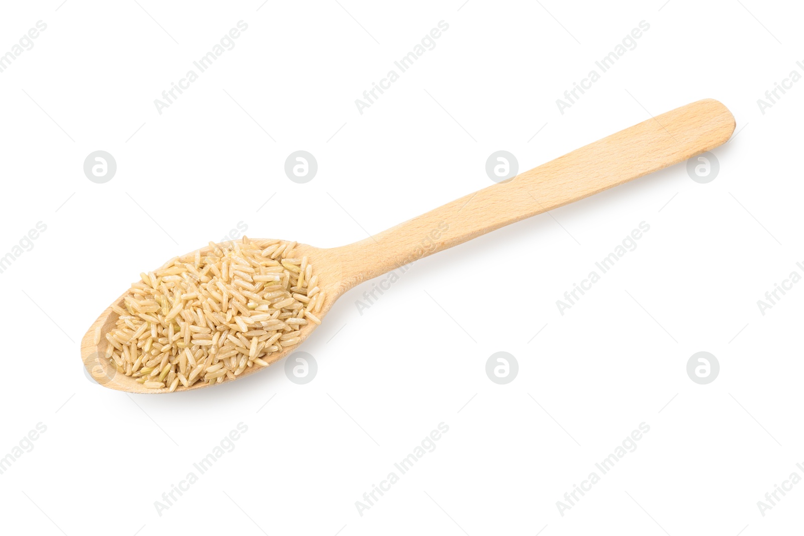 Photo of Raw brown rice and spoon isolated on white, top view