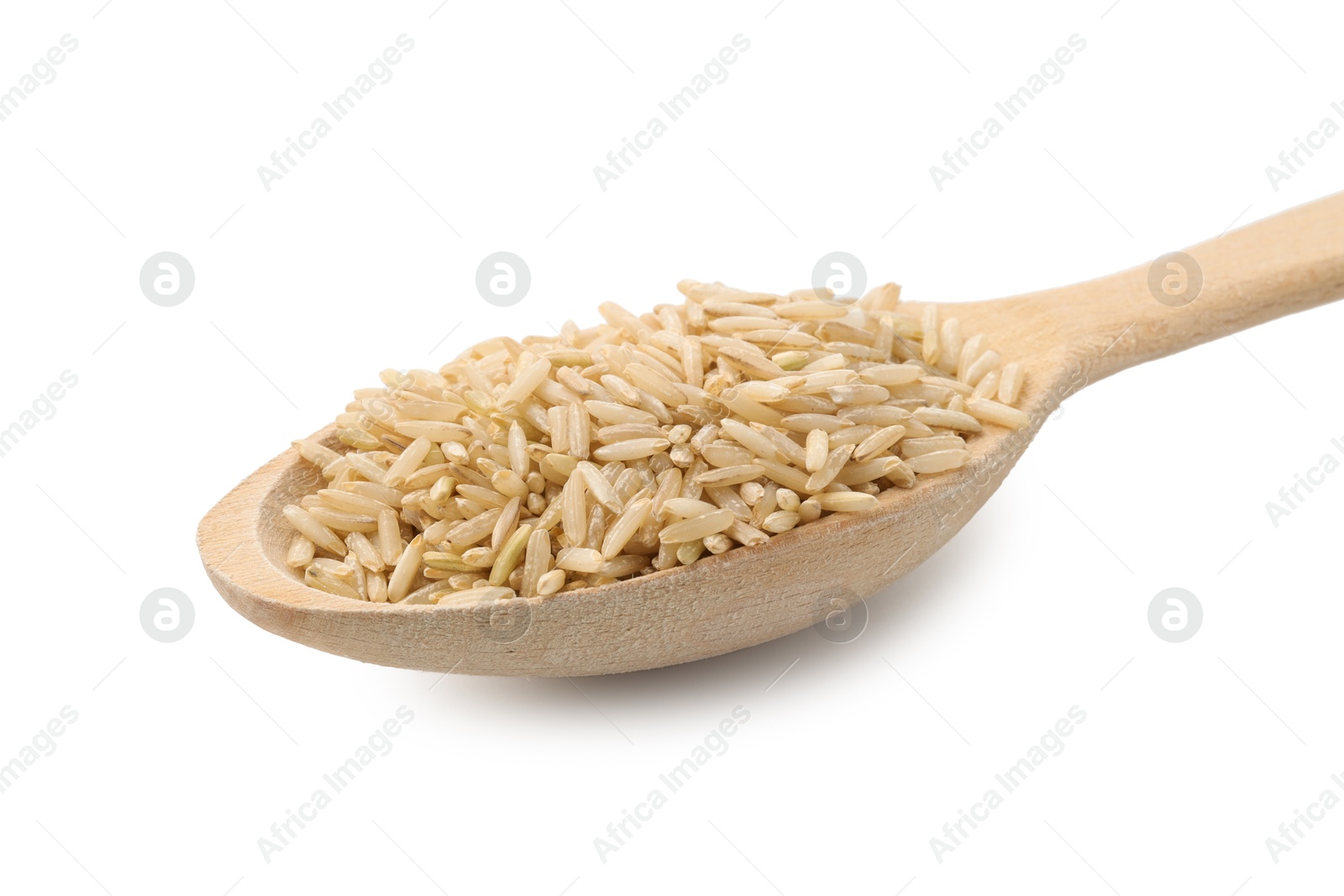 Photo of Raw brown rice and spoon isolated on white