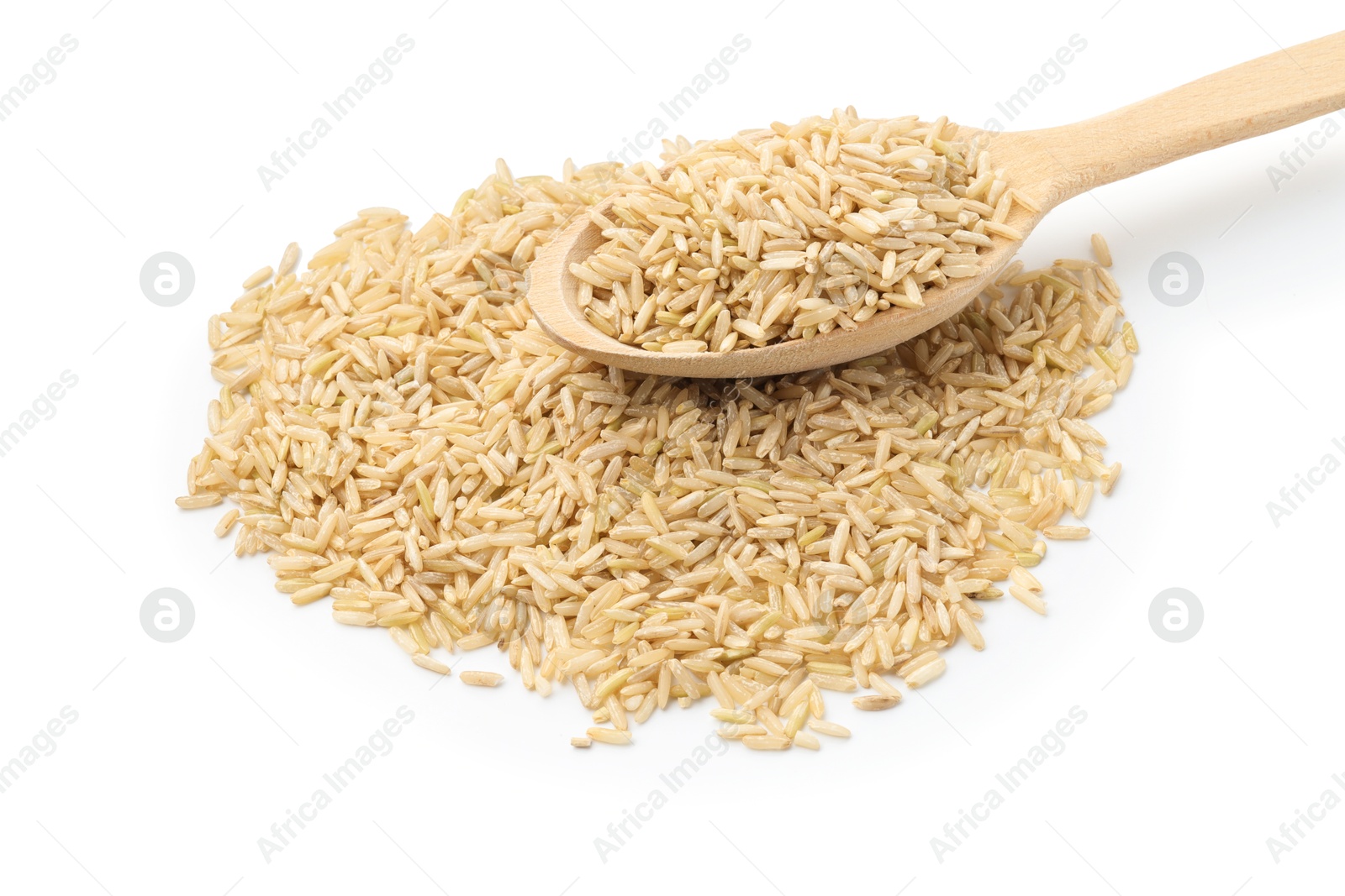 Photo of Raw brown rice and spoon isolated on white