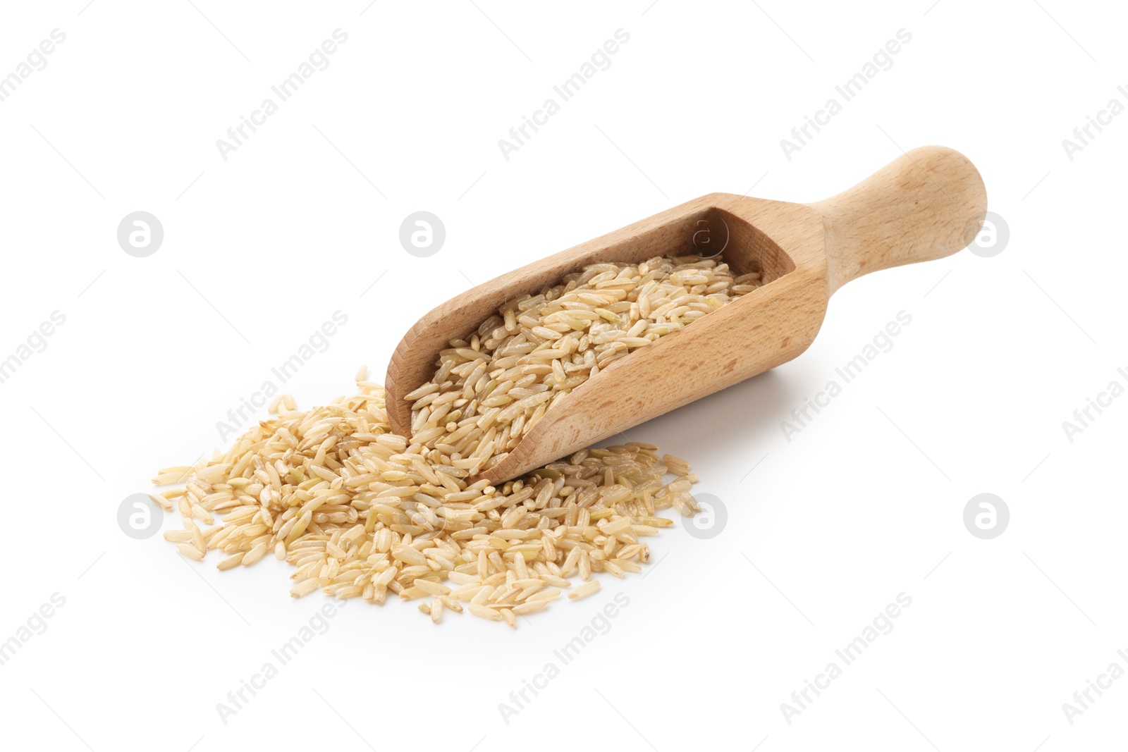 Photo of Raw brown rice and scoop isolated on white