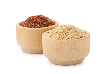 Photo of Different sorts of raw brown rice isolated on white