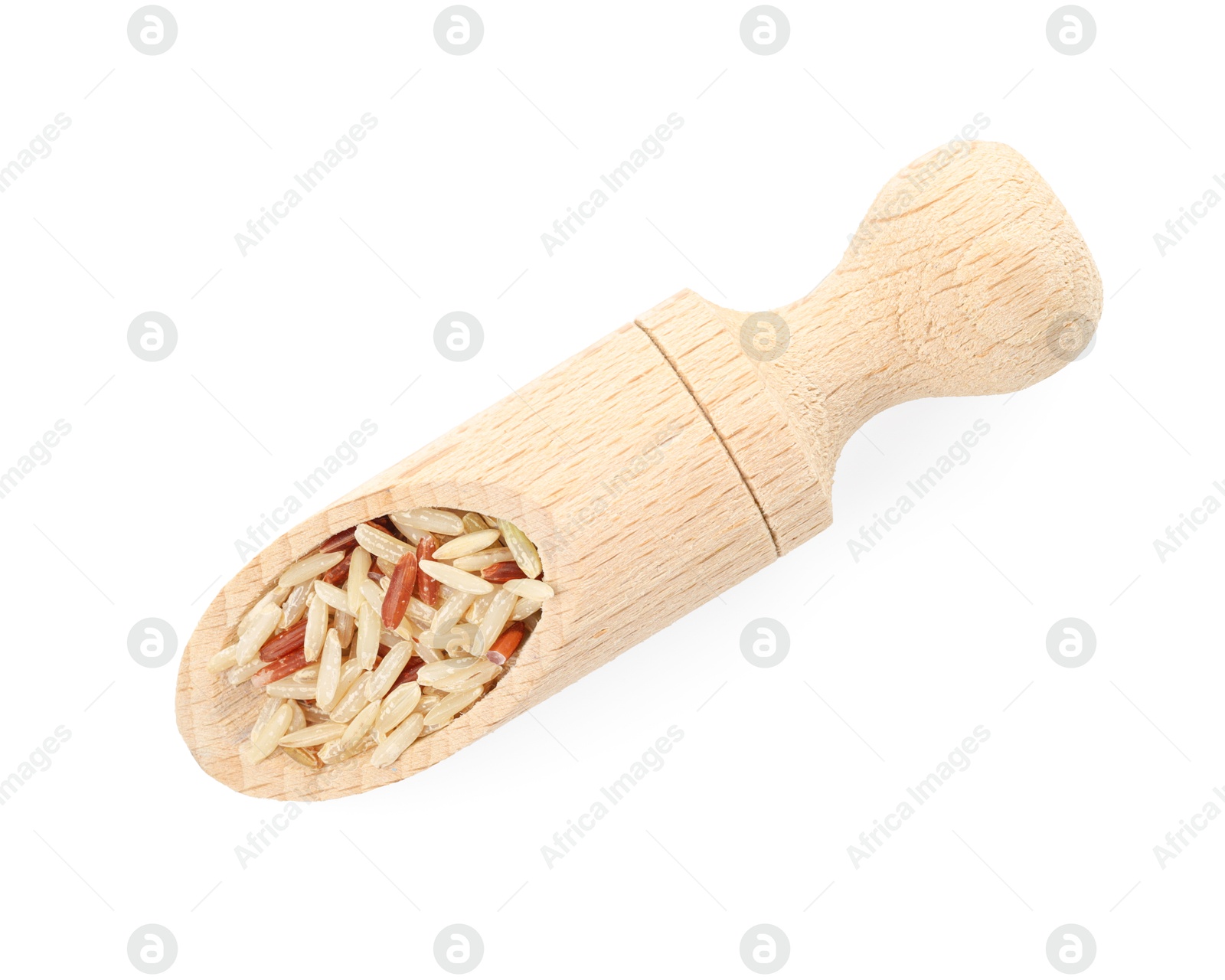 Photo of Different sorts of raw brown rice in scoop isolated on white, top view