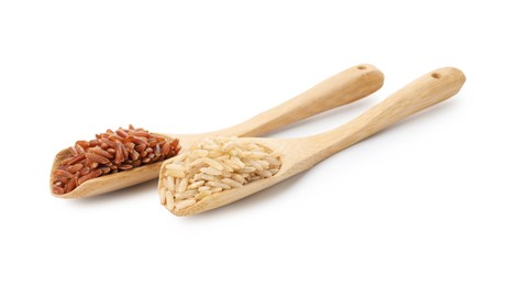 Photo of Different sorts of raw brown rice isolated on white