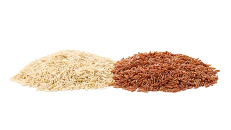 Photo of Different sorts of raw brown rice isolated on white